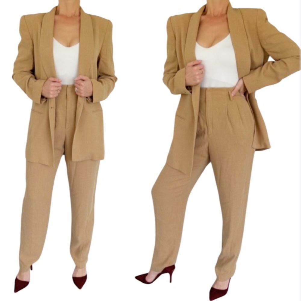 Vintage 90s Dana Bachman tan matching high rise blazer pantsuit set size 6/8